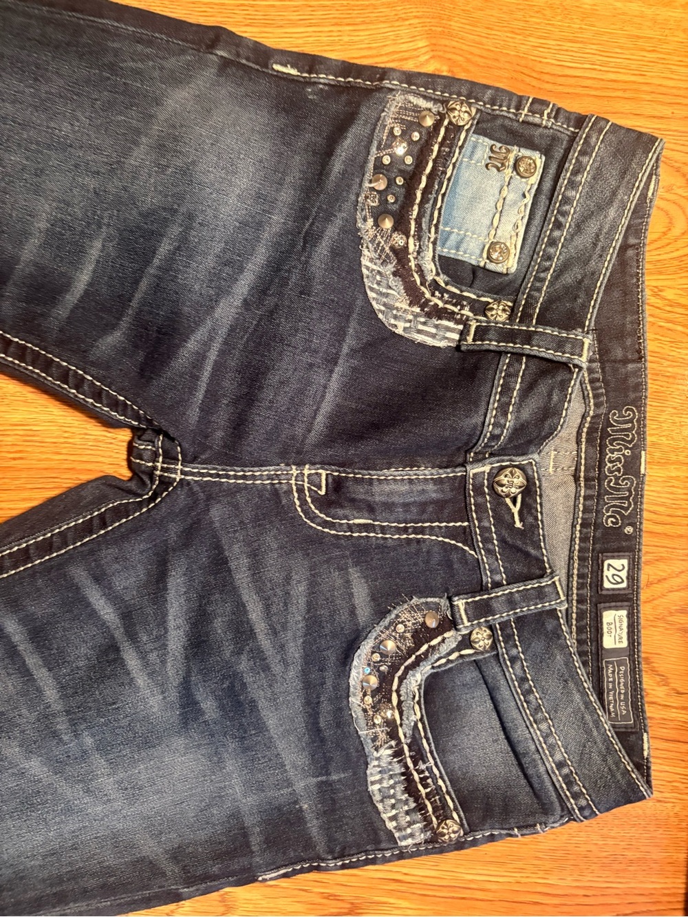 Miss Me Dark Blue Boot Cut Jeans with Embellished Pockets